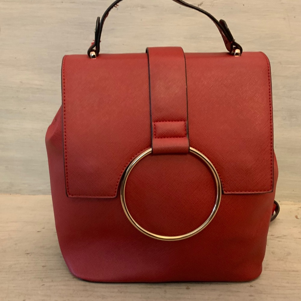Burgundy Structured Faux Leather Satchel Handbag Backpack Purse Good Condition